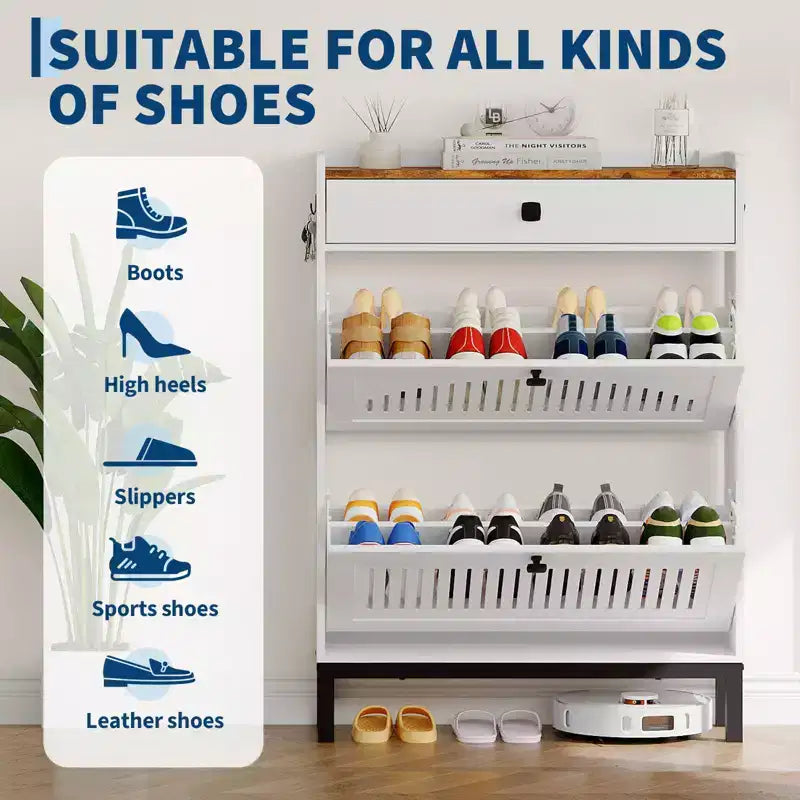 Black/Brown/White 4 Flip Drawer Shoe Cabinet, Slim Freestanding, Holds up to 32 Pairs
