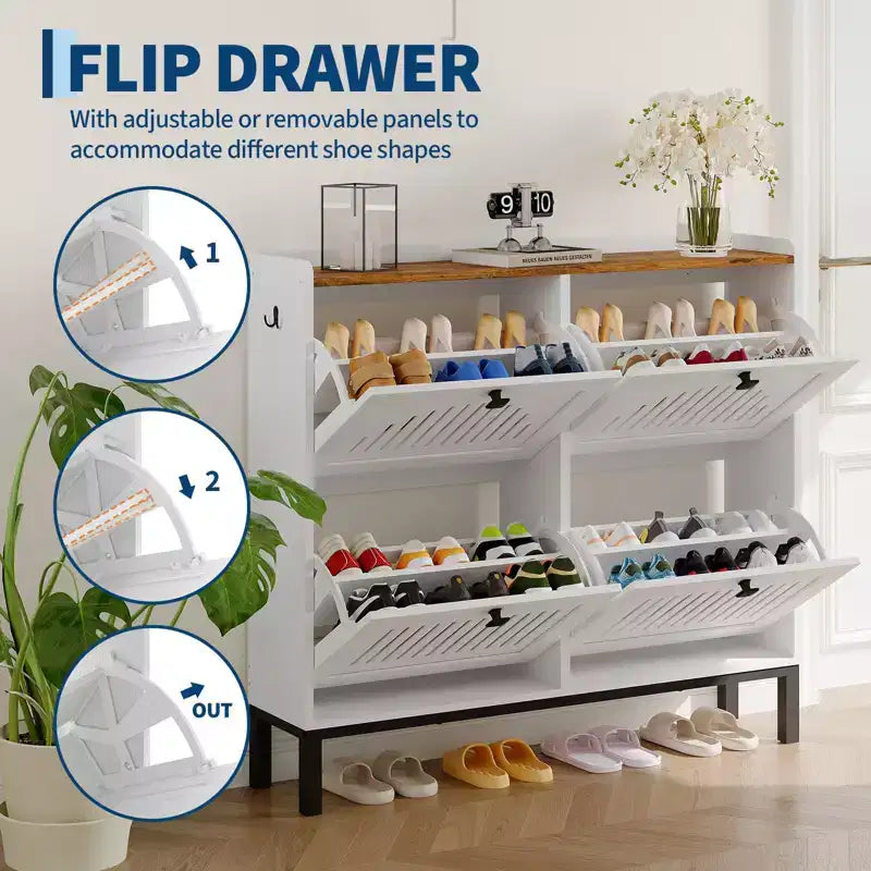 Black/Brown/White 4 Flip Drawer Shoe Cabinet, Slim Freestanding, Holds up to 32 Pairs