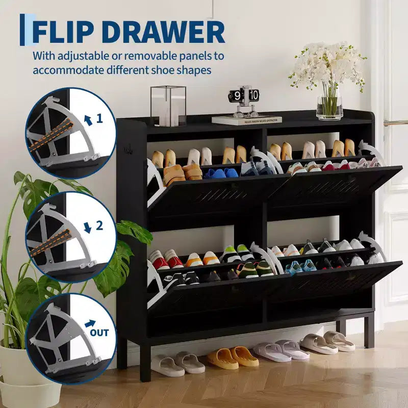 Black/Brown/White 4 Flip Drawer Shoe Cabinet, Slim Freestanding, Holds up to 32 Pairs