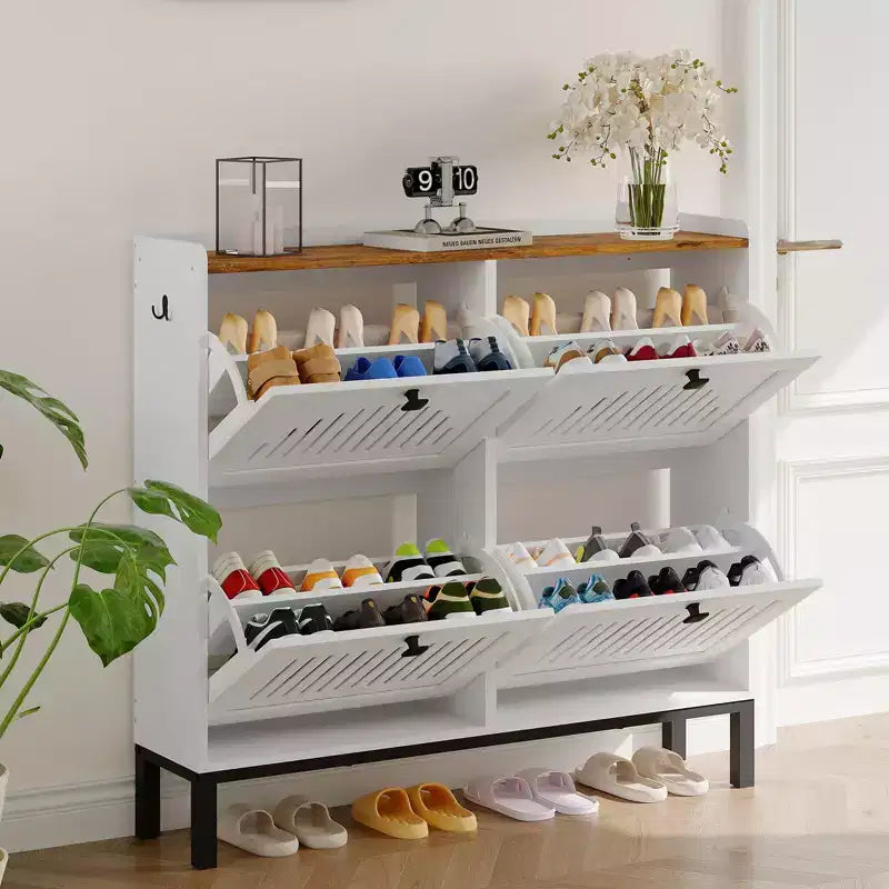 Black/Brown/White 4 Flip Drawer Shoe Cabinet, Slim Freestanding, Holds up to 32 Pairs