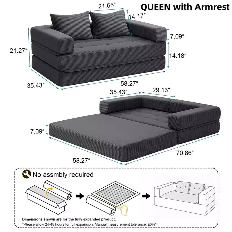 Gray Corduroy Foldable Sofa Bed, 5-in-1 Convertible, Seats 2