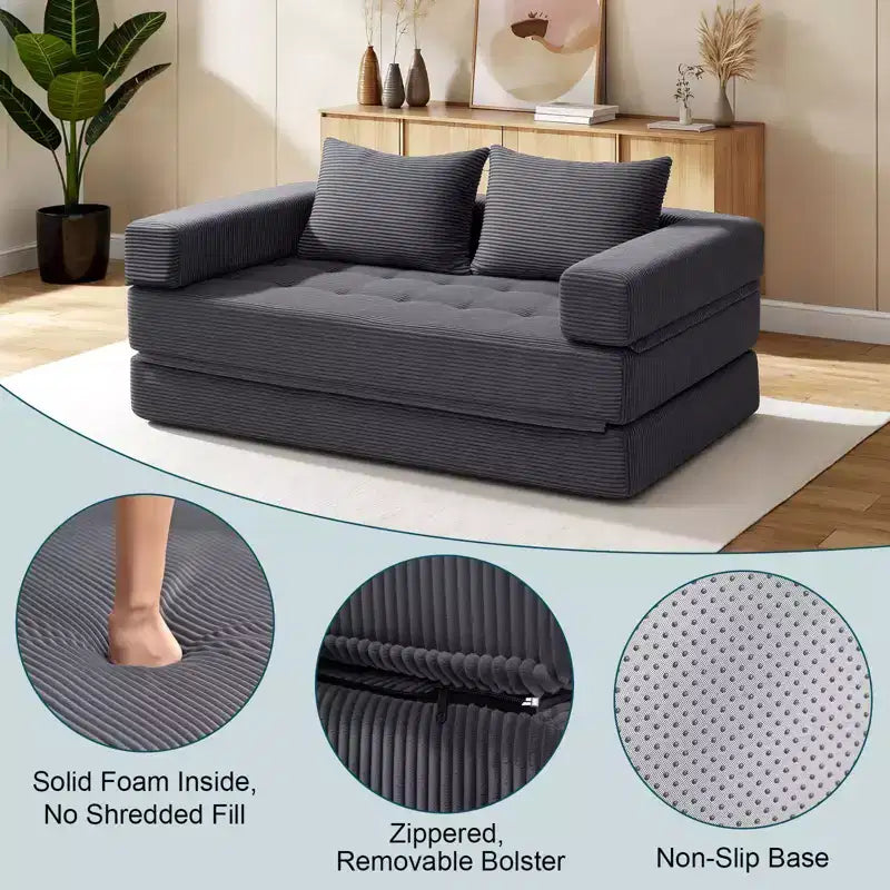 Gray Corduroy Foldable Sofa Bed, 5-in-1 Convertible, Seats 2