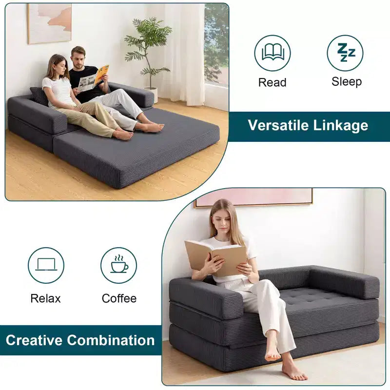 Gray Corduroy Foldable Sofa Bed, 5-in-1 Convertible, Seats 2