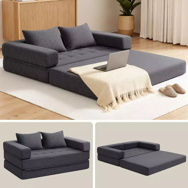 Gray Corduroy Foldable Sofa Bed, 5-in-1 Convertible, Seats 2