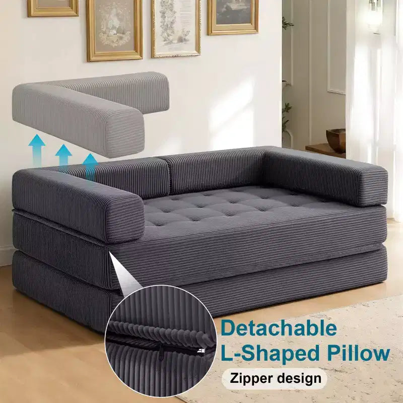 Gray Corduroy Foldable Sofa Bed, 5-in-1 Convertible, Seats 2