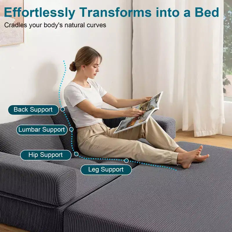 Gray Corduroy Foldable Sofa Bed, 5-in-1 Convertible, Seats 2