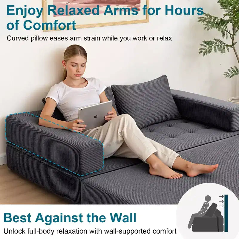 Gray Corduroy Foldable Sofa Bed, 5-in-1 Convertible, Seats 2