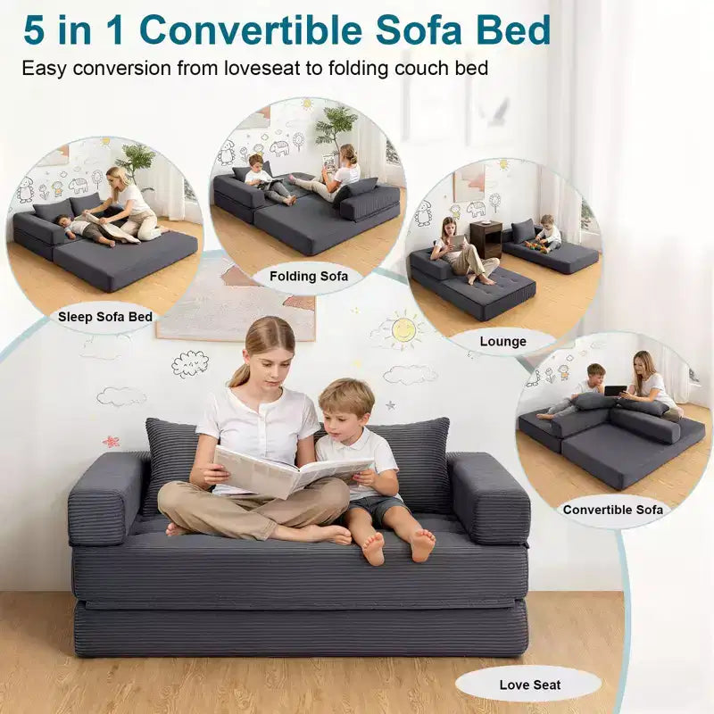 Gray Corduroy Foldable Sofa Bed, 5-in-1 Convertible, Seats 2