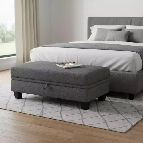 Beige / Gray / Light Gray Chenille Storage Ottoman, Rectangle, Seats 1