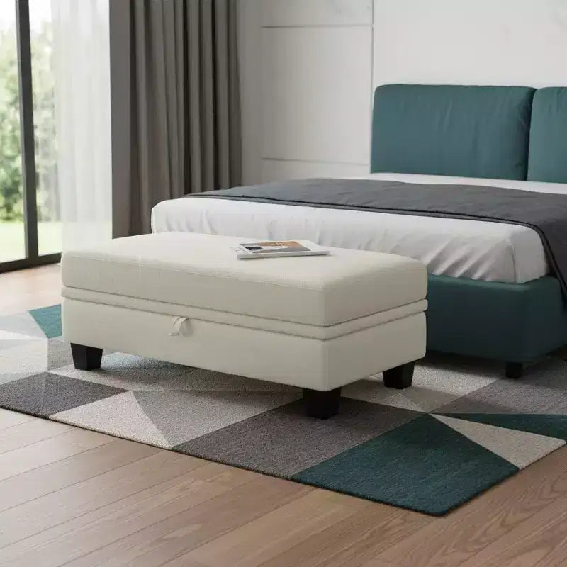 Beige / Gray / Light Gray Chenille Storage Ottoman, Rectangle, Seats 1