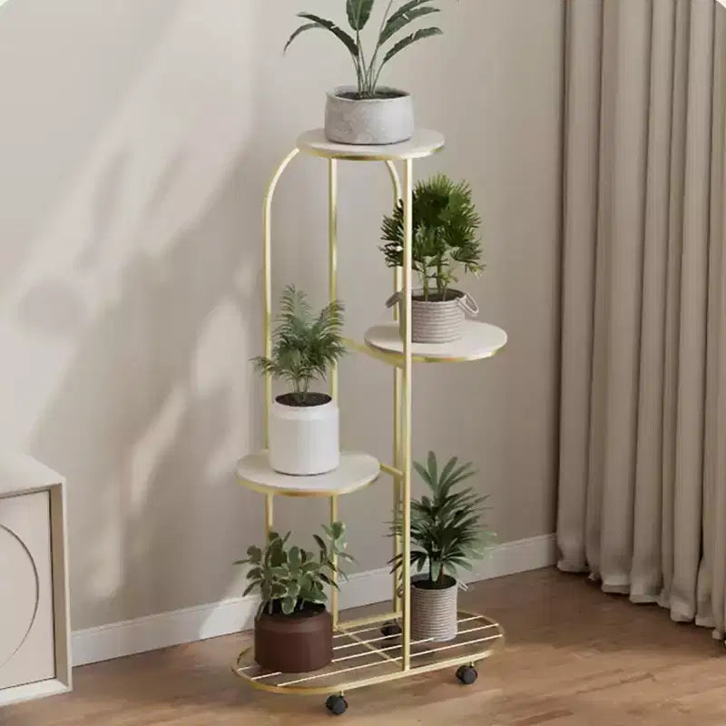 Cream White / Champagne Gold Corner Plant Stand with Wheels – 4 or 5 Tiers, Iron, for 1 Person