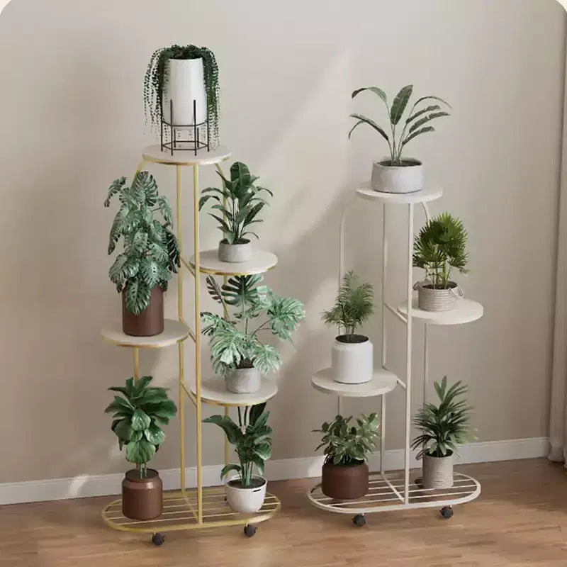 Cream White / Champagne Gold Corner Plant Stand with Wheels – 4 or 5 Tiers, Iron, for 1 Person