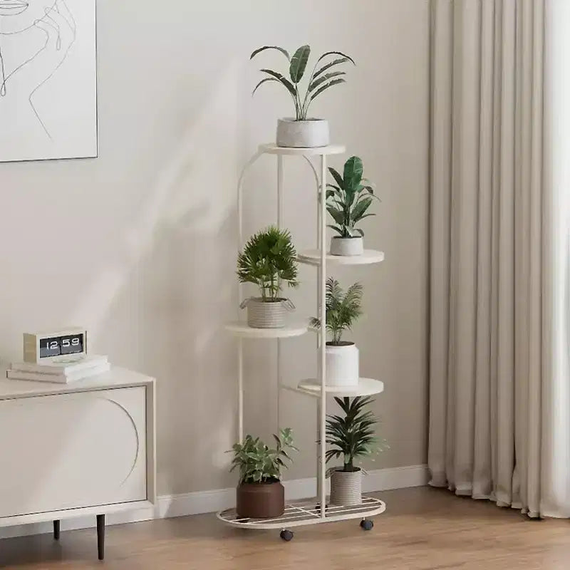 Cream White / Champagne Gold Corner Plant Stand with Wheels – 4 or 5 Tiers, Iron, for 1 Person