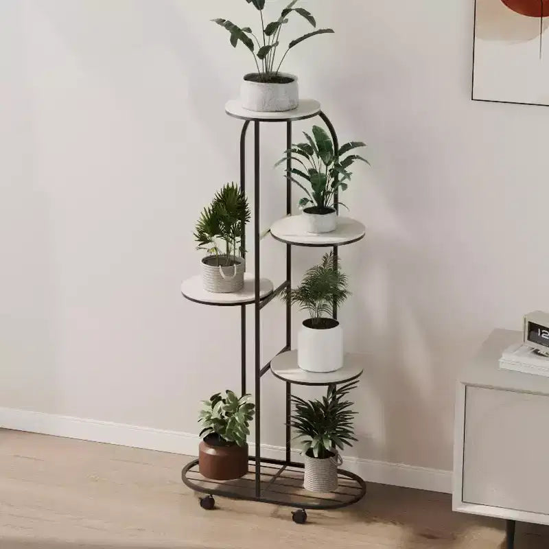 Cream White / Champagne Gold Corner Plant Stand with Wheels – 4 or 5 Tiers, Iron, for 1 Person