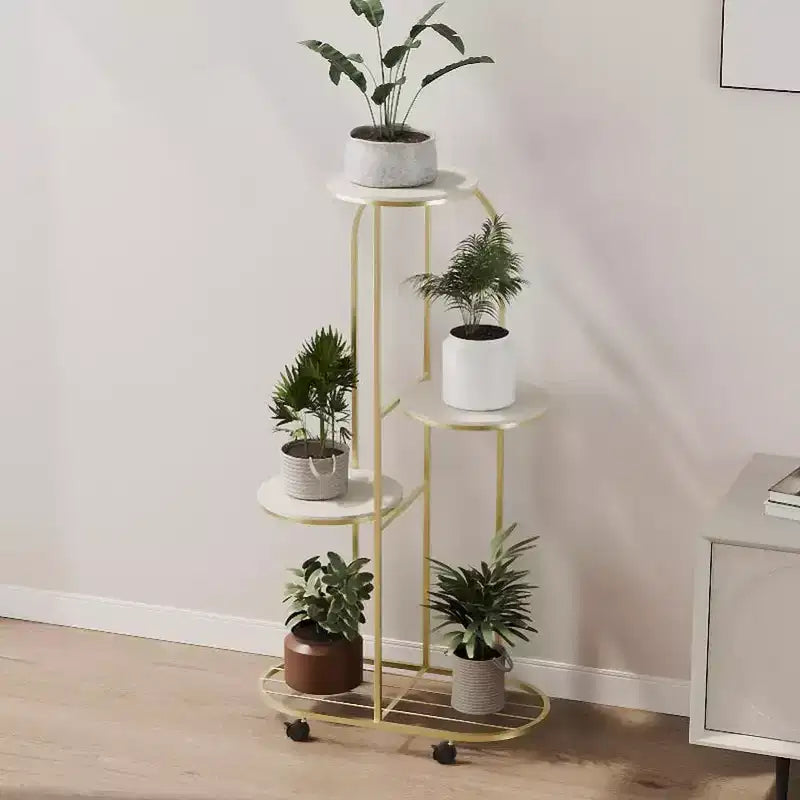 Cream White / Champagne Gold Corner Plant Stand with Wheels – 4 or 5 Tiers, Iron, for 1 Person