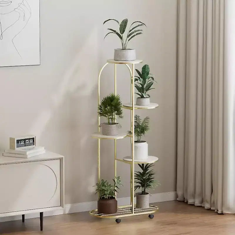 Cream White / Champagne Gold Corner Plant Stand with Wheels – 4 or 5 Tiers, Iron, for 1 Person