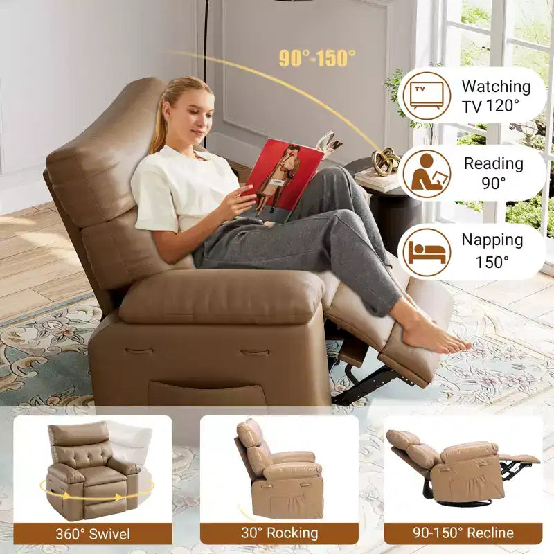 Grey / Yellow PU Leather Recliner Chair, 360° Swivel & Rocking, Massage, Single Seat