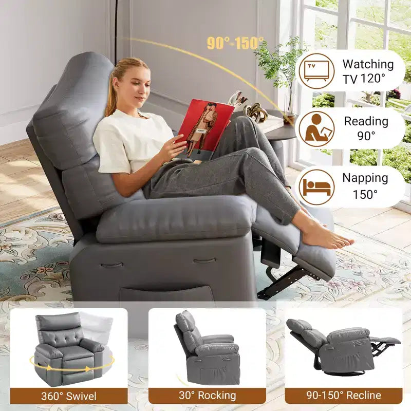 Grey / Yellow PU Leather Recliner Chair, 360° Swivel & Rocking, Massage, Single Seat