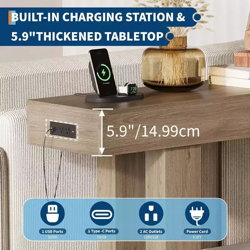 Black / Grey / Rustic Brown Console Table with Power Outlet, USB & Type-C Ports – 1-Person Assembly
