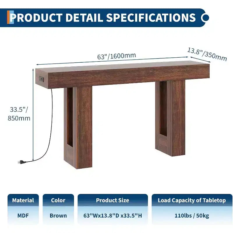 Black / Grey / Rustic Brown Console Table with Power Outlet, USB & Type-C Ports – 1-Person Assembly