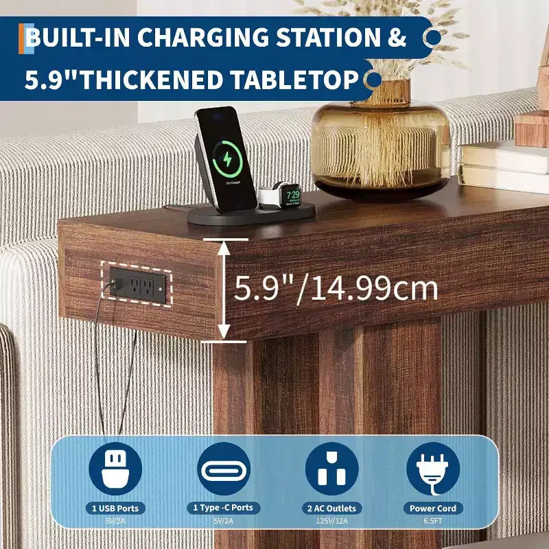 Black / Grey / Rustic Brown Console Table with Power Outlet, USB & Type-C Ports – 1-Person Assembly