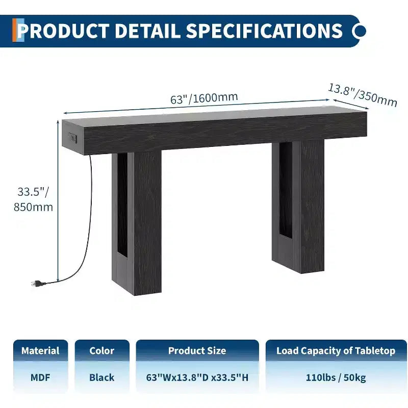 Black / Grey / Rustic Brown Console Table with Power Outlet, USB & Type-C Ports – 1-Person Assembly