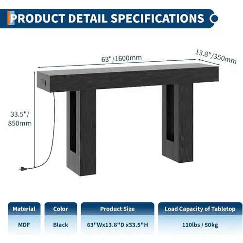 Black / Grey / Rustic Brown Console Table with Power Outlet, USB & Type-C Ports – 1-Person Assembly