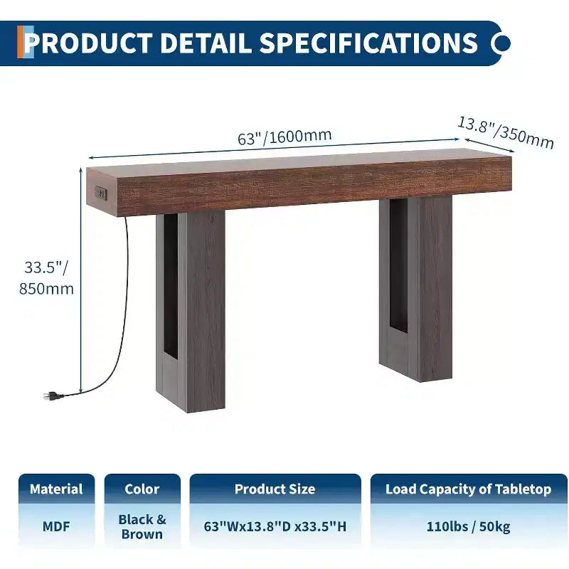 Black / Grey / Rustic Brown Console Table with Power Outlet, USB & Type-C Ports – 1-Person Assembly