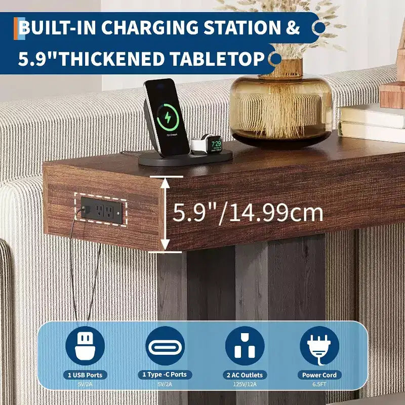 Black / Grey / Rustic Brown Console Table with Power Outlet, USB & Type-C Ports – 1-Person Assembly