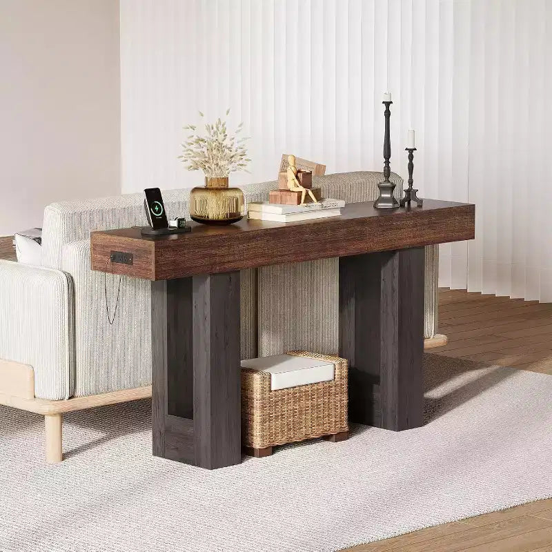 Black / Grey / Rustic Brown Console Table with Power Outlet, USB & Type-C Ports – 1-Person Assembly