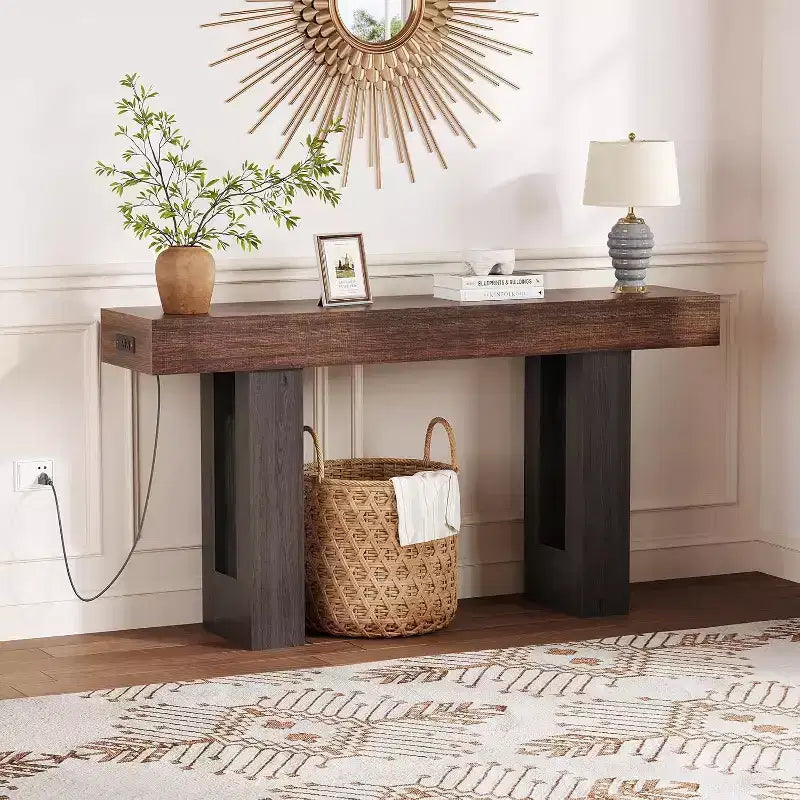 Black / Grey / Rustic Brown Console Table with Power Outlet, USB & Type-C Ports – 1-Person Assembly