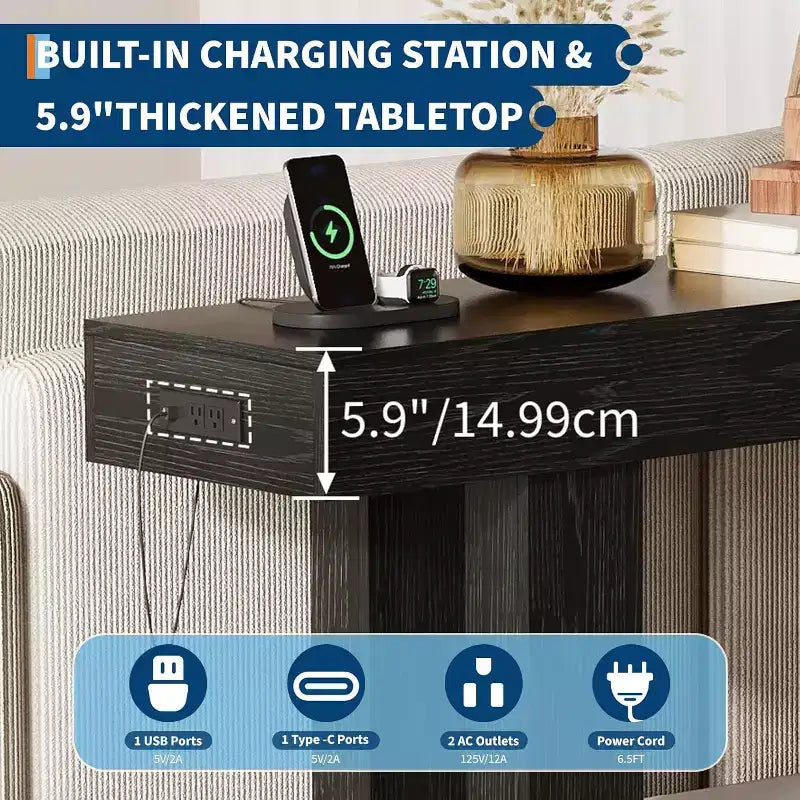 Black / Grey / Rustic Brown Console Table with Power Outlet, USB & Type-C Ports – 1-Person Assembly
