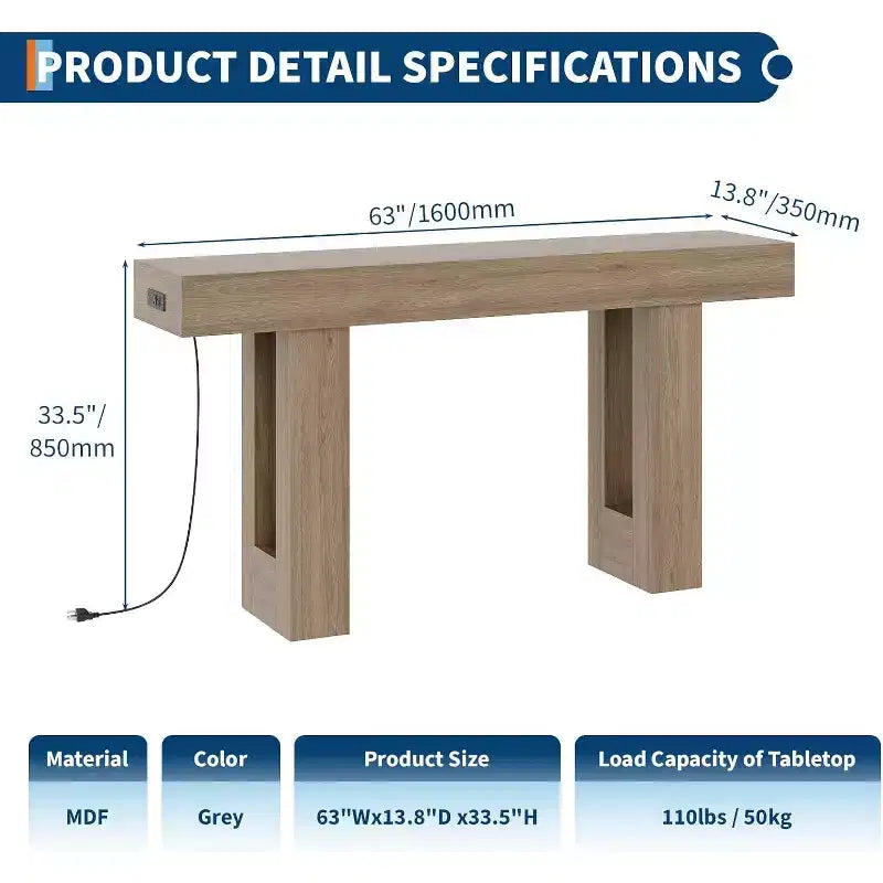Black / Grey / Rustic Brown Console Table with Power Outlet, USB & Type-C Ports – 1-Person Assembly