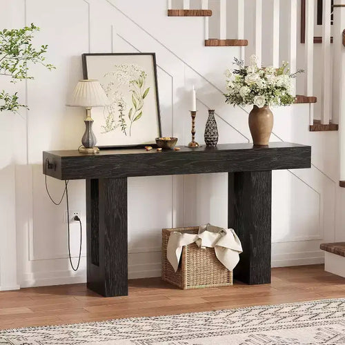 63 Long Console Table with Built-in Power Outlet, USB & Type-C Ports. Narrow Entryway Sofa Table for Hallway, Foyer & Living Room, Black
