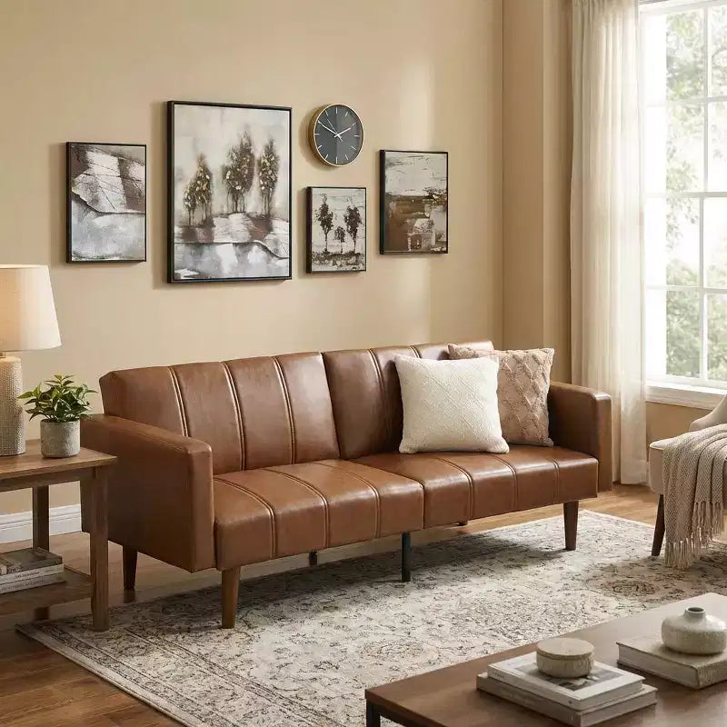 75 in PU Leather Mid-Century Futon Sofa Bed - Convertible Sleeper with Adjustable Backrest, Loveseat & Side Pockets, Living Room/Bedroom