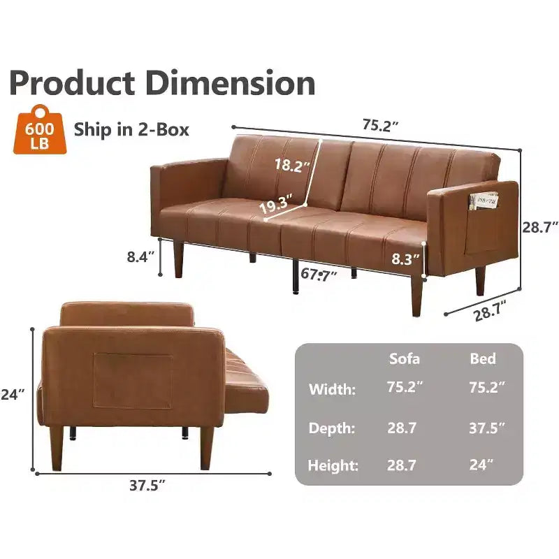 Brown PU Leather Futon Sofa Bed, 2-Seat, Adjustable Backrest
