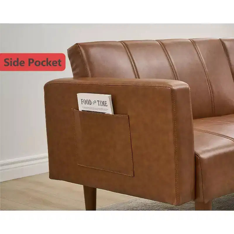 Brown PU Leather Futon Sofa Bed, 2-Seat, Adjustable Backrest