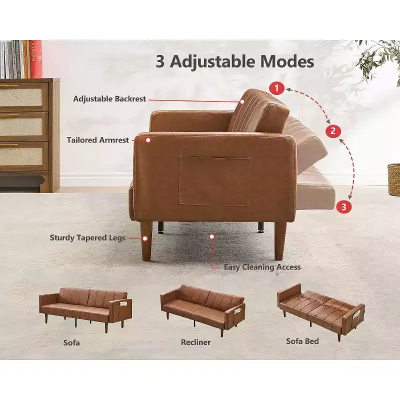 Brown PU Leather Futon Sofa Bed, 2-Seat, Adjustable Backrest