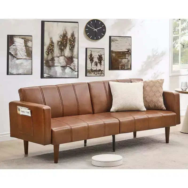 Brown PU Leather Futon Sofa Bed, 2-Seat, Adjustable Backrest