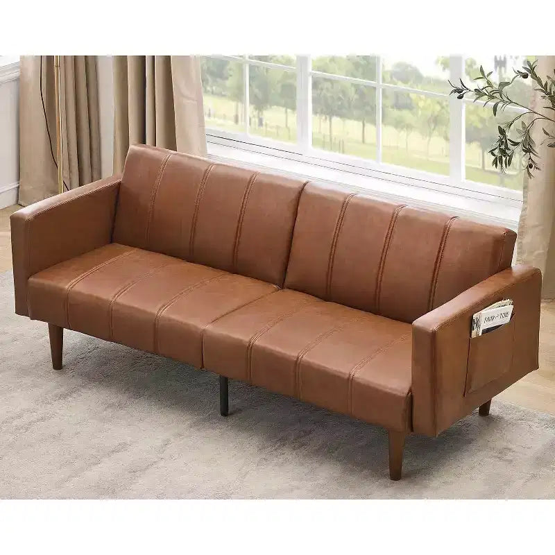 Brown PU Leather Futon Sofa Bed, 2-Seat, Adjustable Backrest