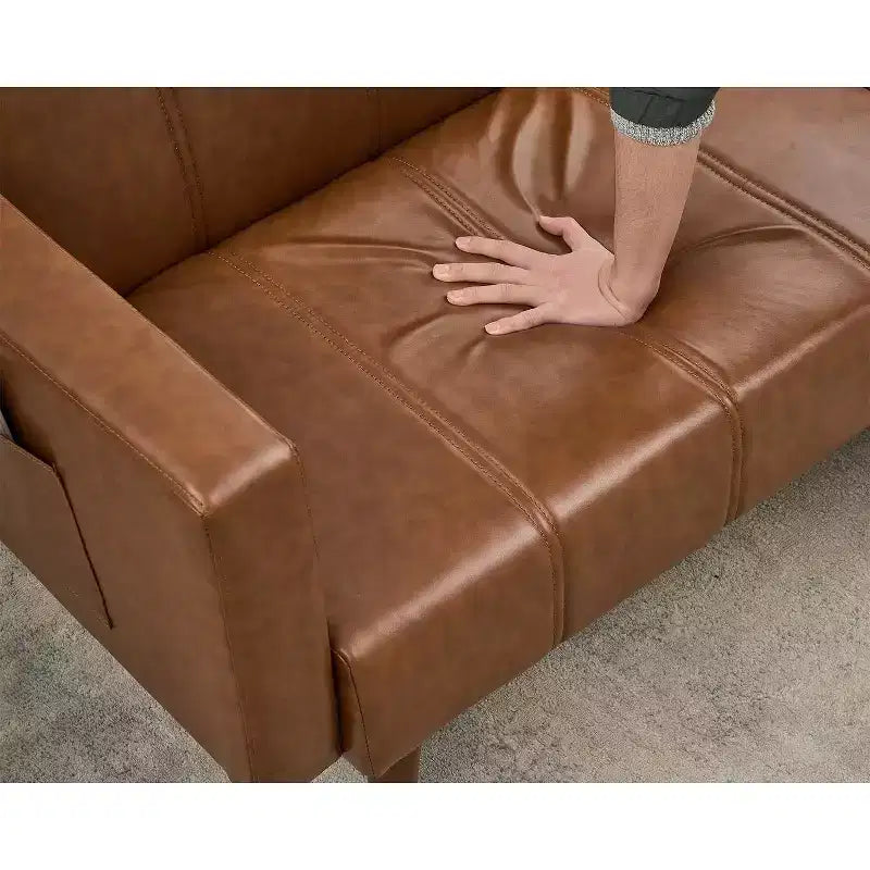 Brown PU Leather Futon Sofa Bed, 2-Seat, Adjustable Backrest