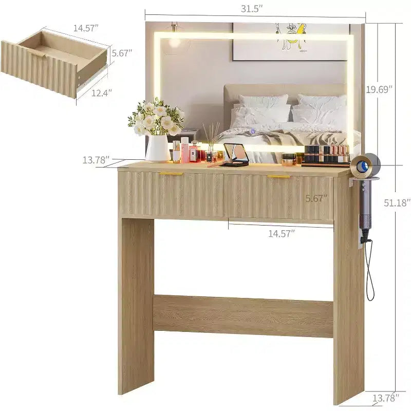 White/Wood Fluted Vanity Desk with 32" LED Mirror & 2 Drawers, 1-Person