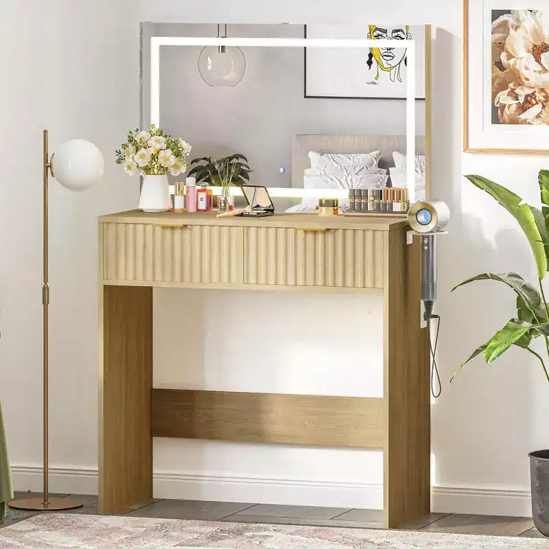 White/Wood Fluted Vanity Desk with 32" LED Mirror & 2 Drawers, 1-Person