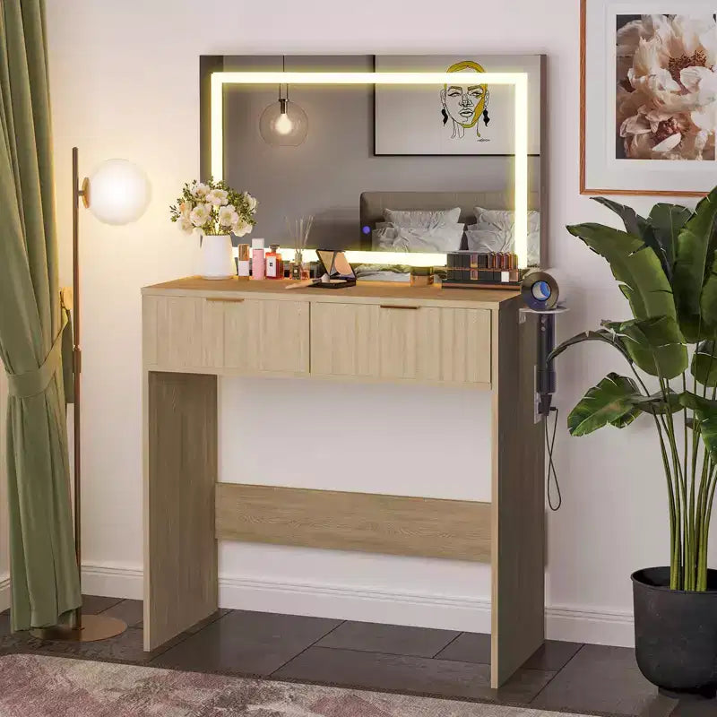 White/Wood Fluted Vanity Desk with 32" LED Mirror & 2 Drawers, 1-Person