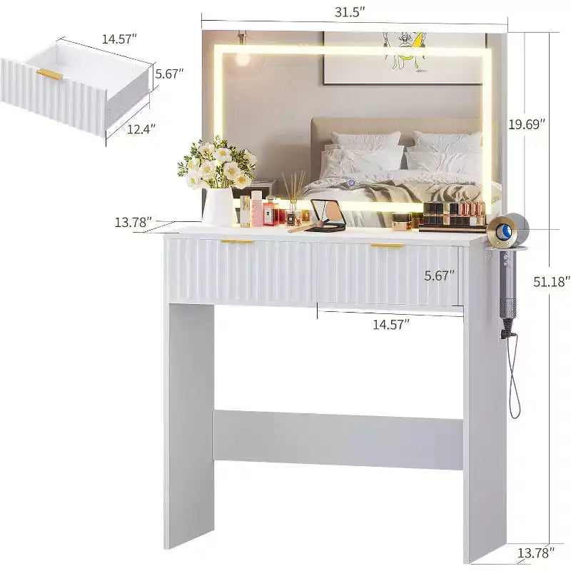 White/Wood Fluted Vanity Desk with 32" LED Mirror & 2 Drawers, 1-Person