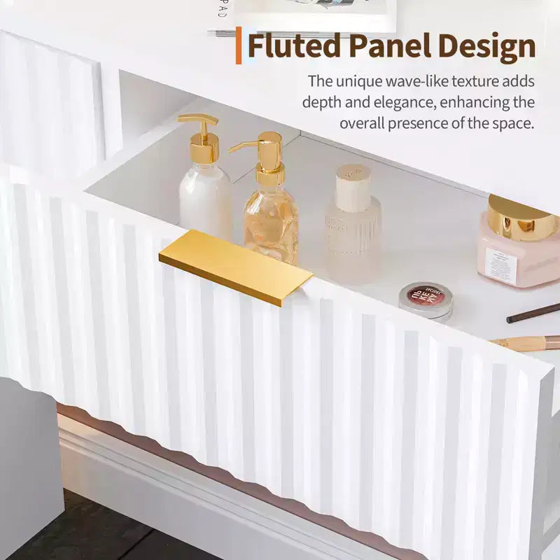 White/Wood Fluted Vanity Desk with 32" LED Mirror & 2 Drawers, 1-Person