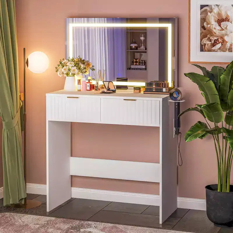White/Wood Fluted Vanity Desk with 32" LED Mirror & 2 Drawers, 1-Person