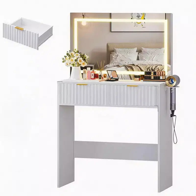 White/Wood Fluted Vanity Desk with 32" LED Mirror & 2 Drawers, 1-Person