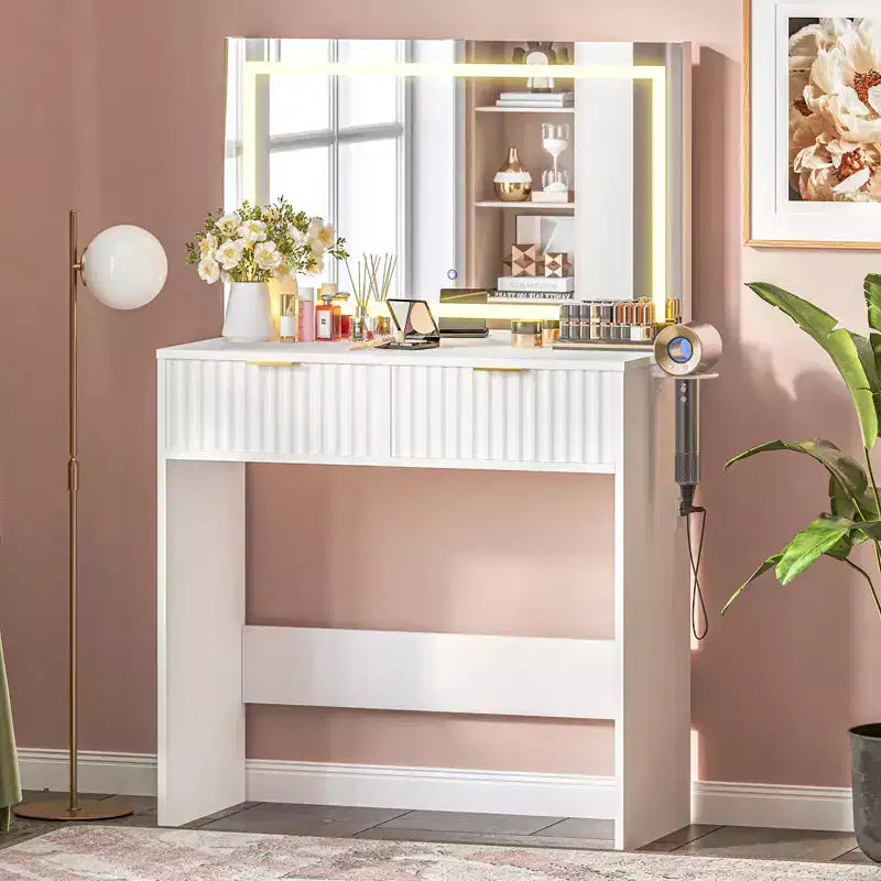COZONY Fluted Vanity Desk with 32 Mirror & LED Lights, 2 Drawers, Adjustable Brightness Makeup Table for Bedroom