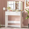 COZONY Fluted Vanity Desk with 32 Mirror & LED Lights, 2 Drawers, Adjustable Brightness Makeup Table for Bedroom